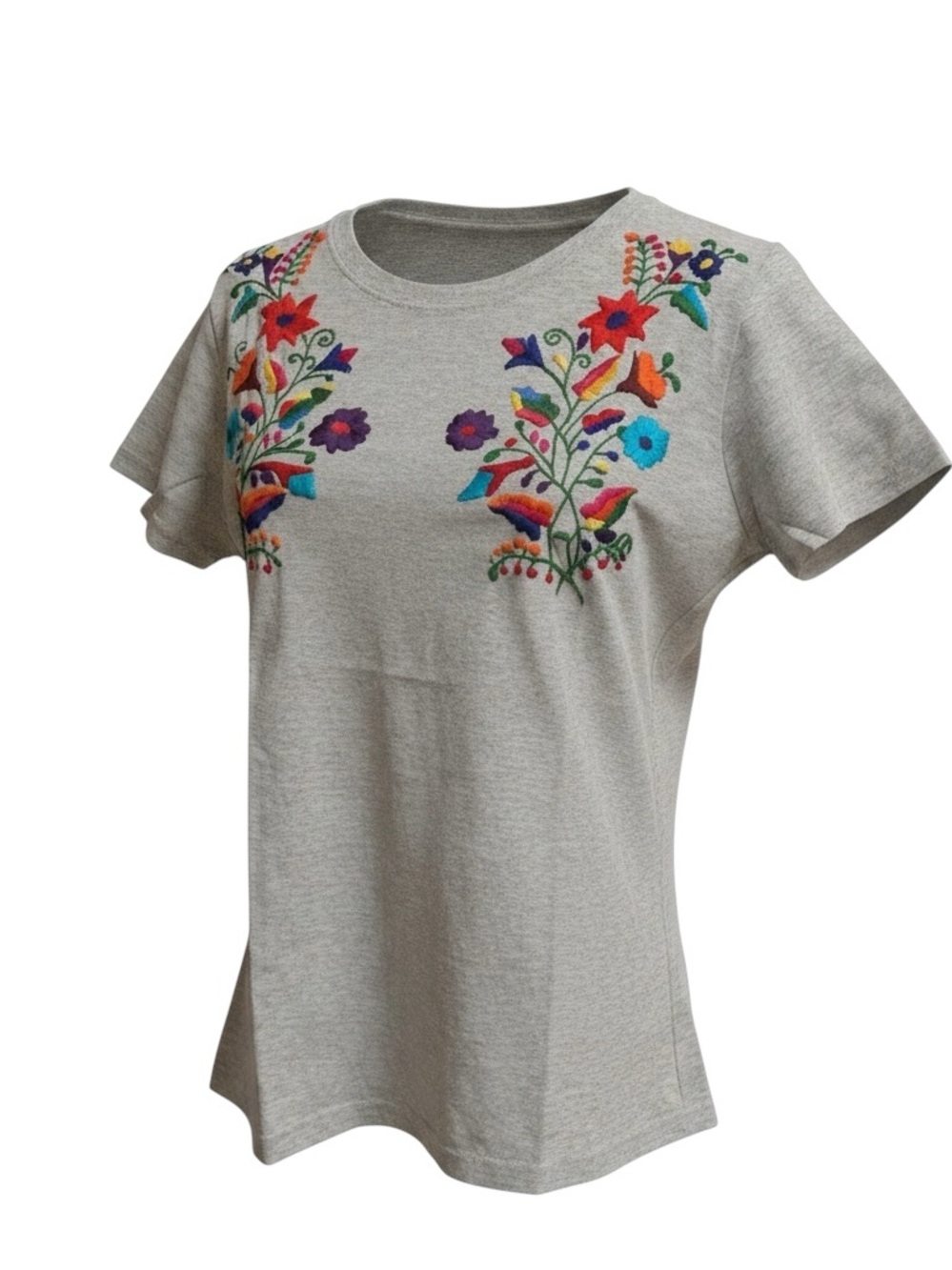 Embroidered Floral Short Sleeve Tee - Light Gray